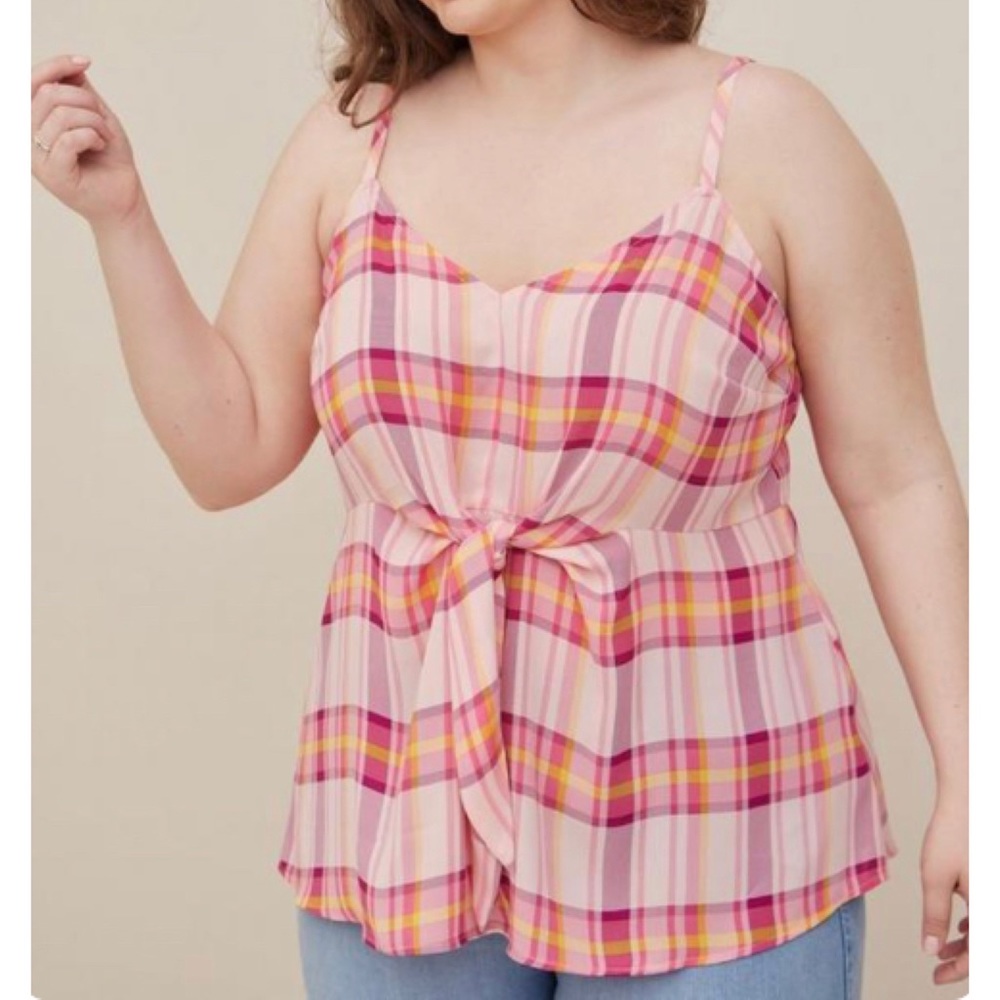 🆕 Pink Plaid Peplum Georgette Tie-Front Cami Top 1 1X 14 16 NWT Torrid New!